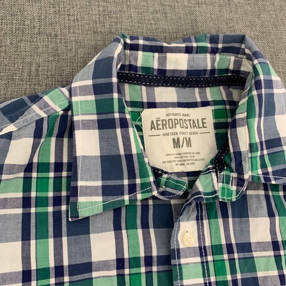 Men's Plaid Aeropostale Button Down Shirt Medium Long Sleeve 100% Cotton Green B - Picture 2 of 15